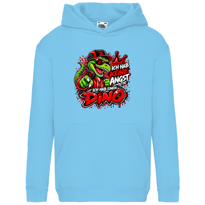 JA Ich habe keine Angst – Kinder-Hoodie in Himmelblau, Vorderansicht, Frontdruck: Mutmacher-Dino: „Ich hab keine Angst. Ich hab einen Dino.“