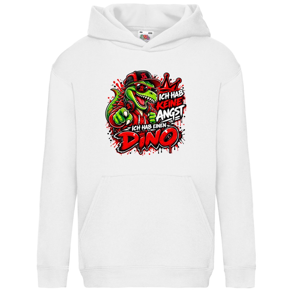 JA Ich habe keine Angst – Kinder-Hoodie in Weiß, Vorderansicht, Frontdruck: Mutmacher-Dino: „Ich hab keine Angst. Ich hab einen Dino.“