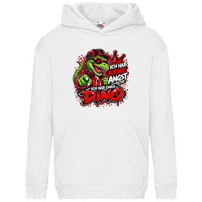 JA Ich habe keine Angst – Kinder-Hoodie in Weiß, Vorderansicht, Frontdruck: Mutmacher-Dino: „Ich hab keine Angst. Ich hab einen Dino.“