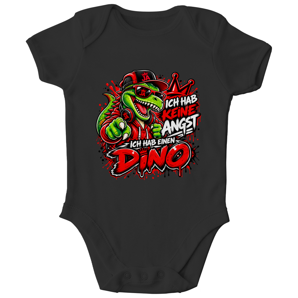JA Ich habe keine Angst – Baby-Body in Schwarz, Vorderansicht, Frontdruck: Mutmacher-Dino: „Ich hab keine Angst. Ich hab einen Dino.“