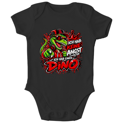JA Ich habe keine Angst – Baby-Body in Schwarz, Vorderansicht, Frontdruck: Mutmacher-Dino: „Ich hab keine Angst. Ich hab einen Dino.“