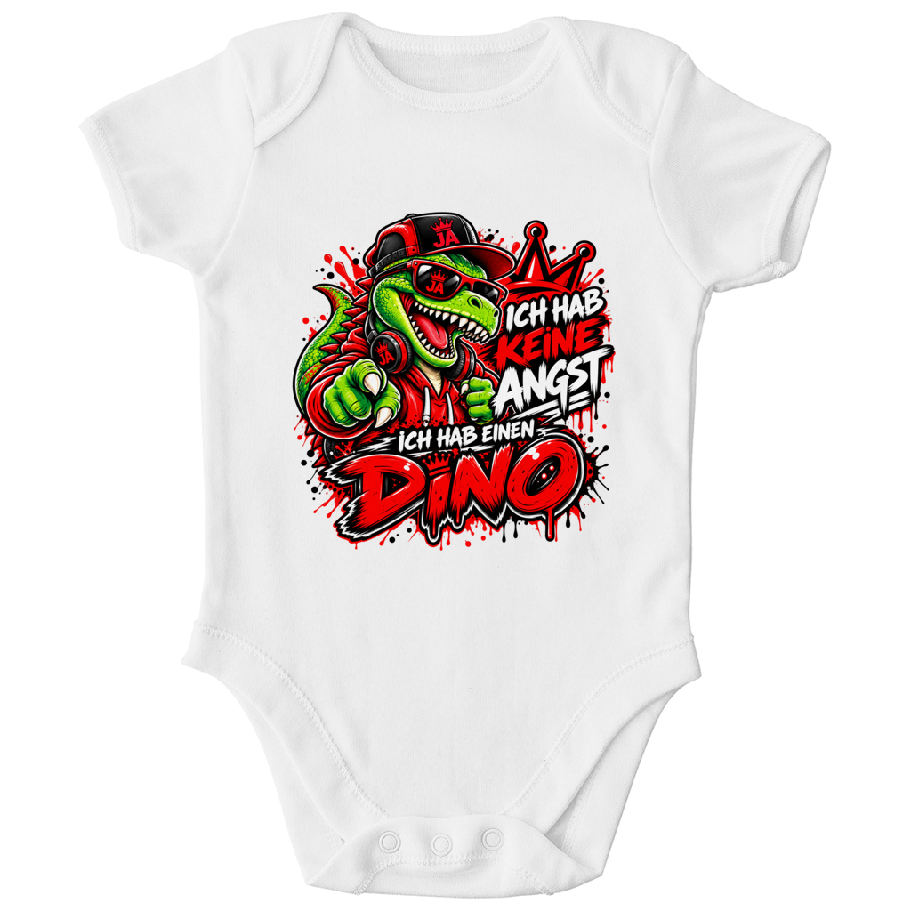 JA Ich habe keine Angst – Baby-Body in Weiß, Vorderansicht, Frontdruck: Mutmacher-Dino: „Ich hab keine Angst. Ich hab einen Dino.“