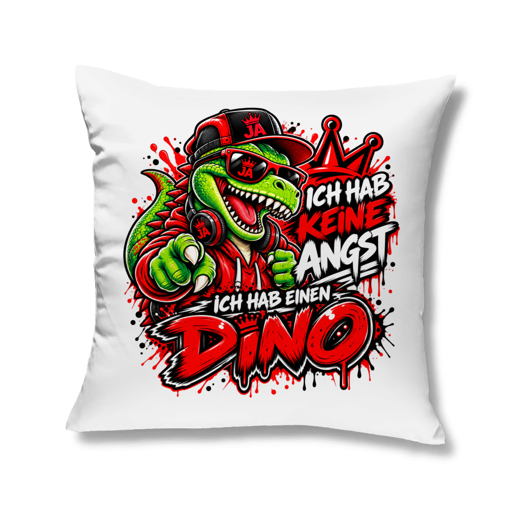 JA Ich habe keine Angst – Kissen in Weiß, Aufdruck: Mutmacher-Dino: „Ich hab keine Angst. Ich hab einen Dino.“