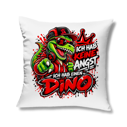 JA Ich habe keine Angst – Kissen in Weiß, Aufdruck: Mutmacher-Dino: „Ich hab keine Angst. Ich hab einen Dino.“
