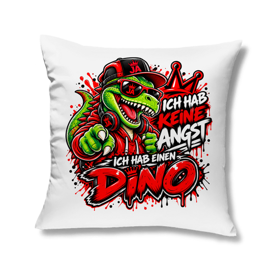 JA Ich habe keine Angst – Kissen in Weiß, Aufdruck: Mutmacher-Dino: „Ich hab keine Angst. Ich hab einen Dino.“