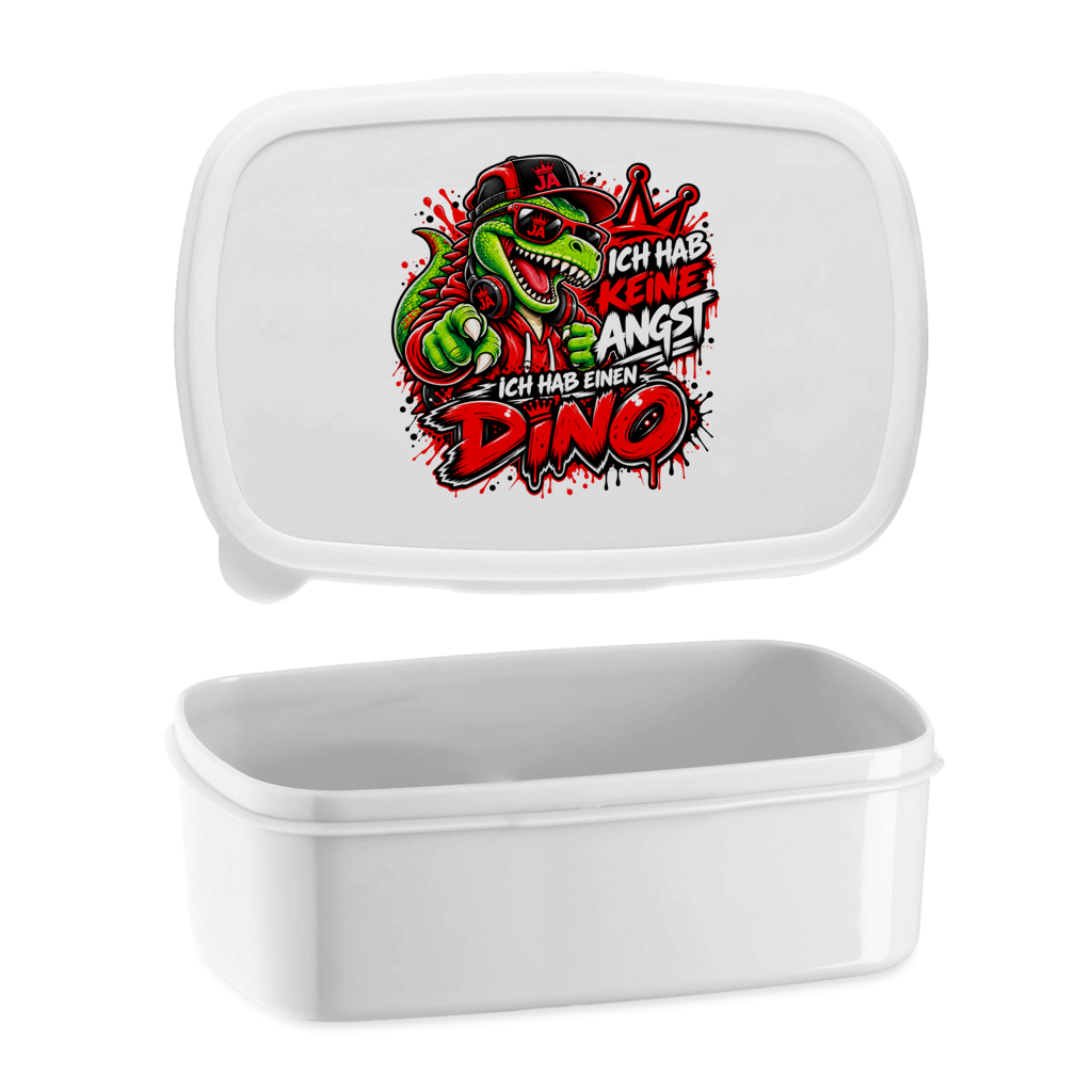 JA Ich habe keine Angst – Lunchbox in Weiß, Aufdruck: Mutmacher-Dino: „Ich hab keine Angst. Ich hab einen Dino.“