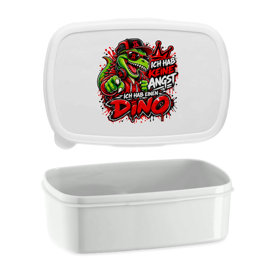 JA Ich habe keine Angst – Lunchbox in Weiß, Aufdruck: Mutmacher-Dino: „Ich hab keine Angst. Ich hab einen Dino.“