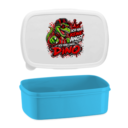 JA Ich habe keine Angst – Lunchbox in Blau, Aufdruck: Mutmacher-Dino: „Ich hab keine Angst. Ich hab einen Dino.“