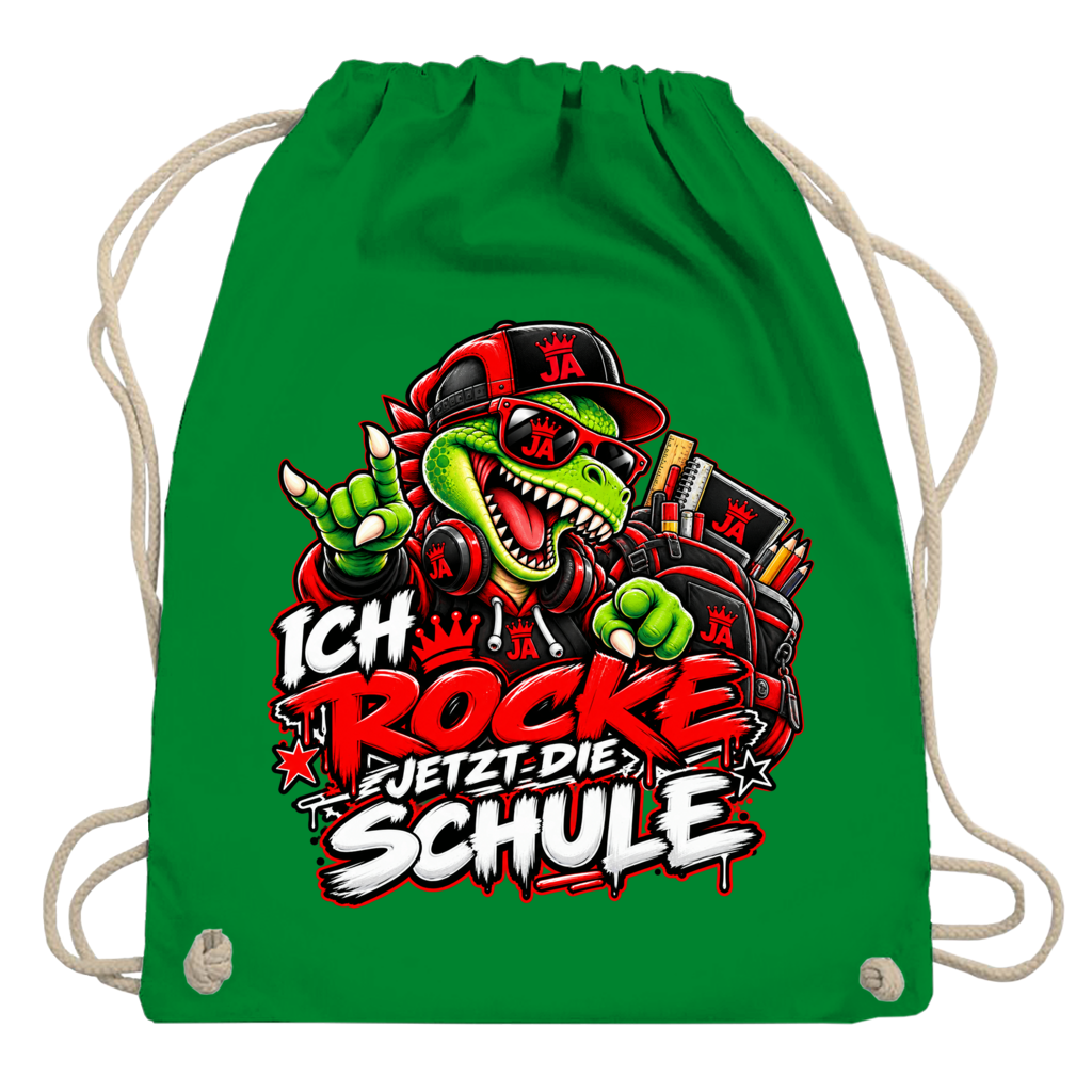 JA Schulstart Dino – Turnbeutel in Kellygrün, Aufdruck: Dino mit Cap und Schulsachen: „Ich rocke jetzt die Schule“ zur Einschulung