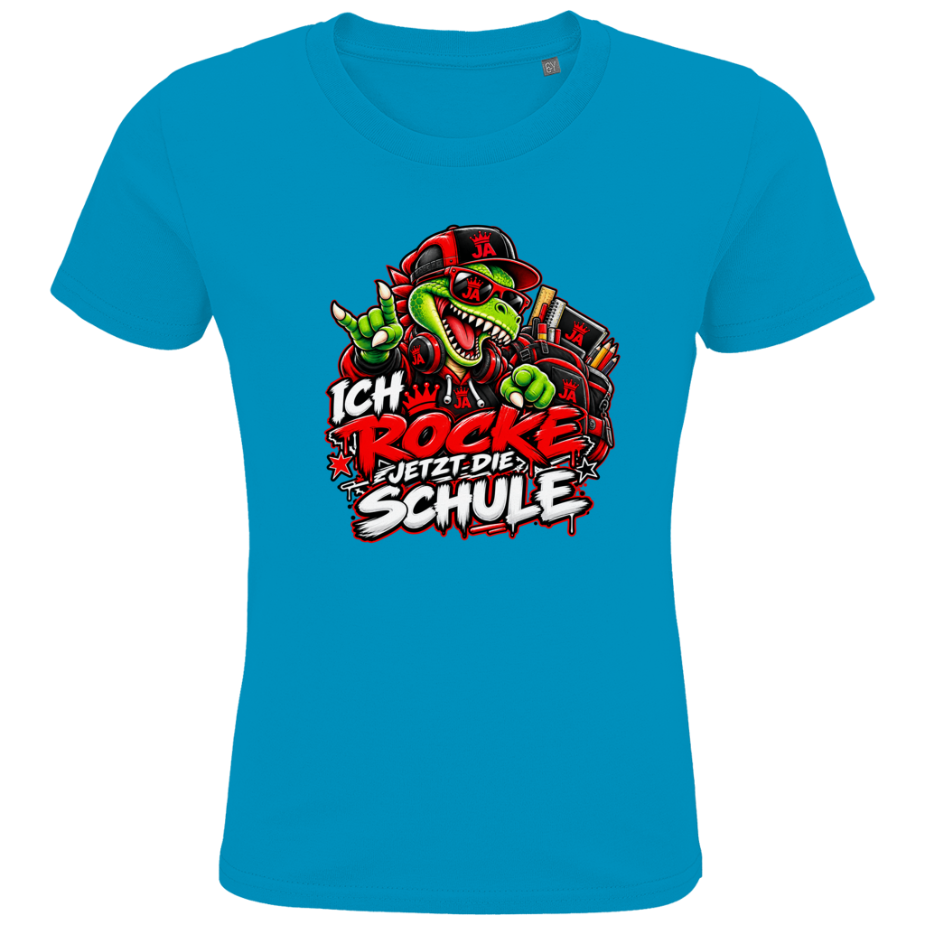 JA Schulstart Dino – Kinder-T-Shirt in Aqua, Vorderansicht, Frontdruck: Dino mit Cap und Schulsachen: „Ich rocke jetzt die Schule“ zur Einschulung