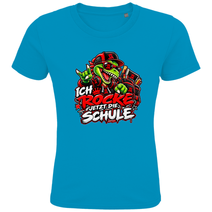 JA Schulstart Dino – Kinder-T-Shirt in Aqua, Vorderansicht, Frontdruck: Dino mit Cap und Schulsachen: „Ich rocke jetzt die Schule“ zur Einschulung
