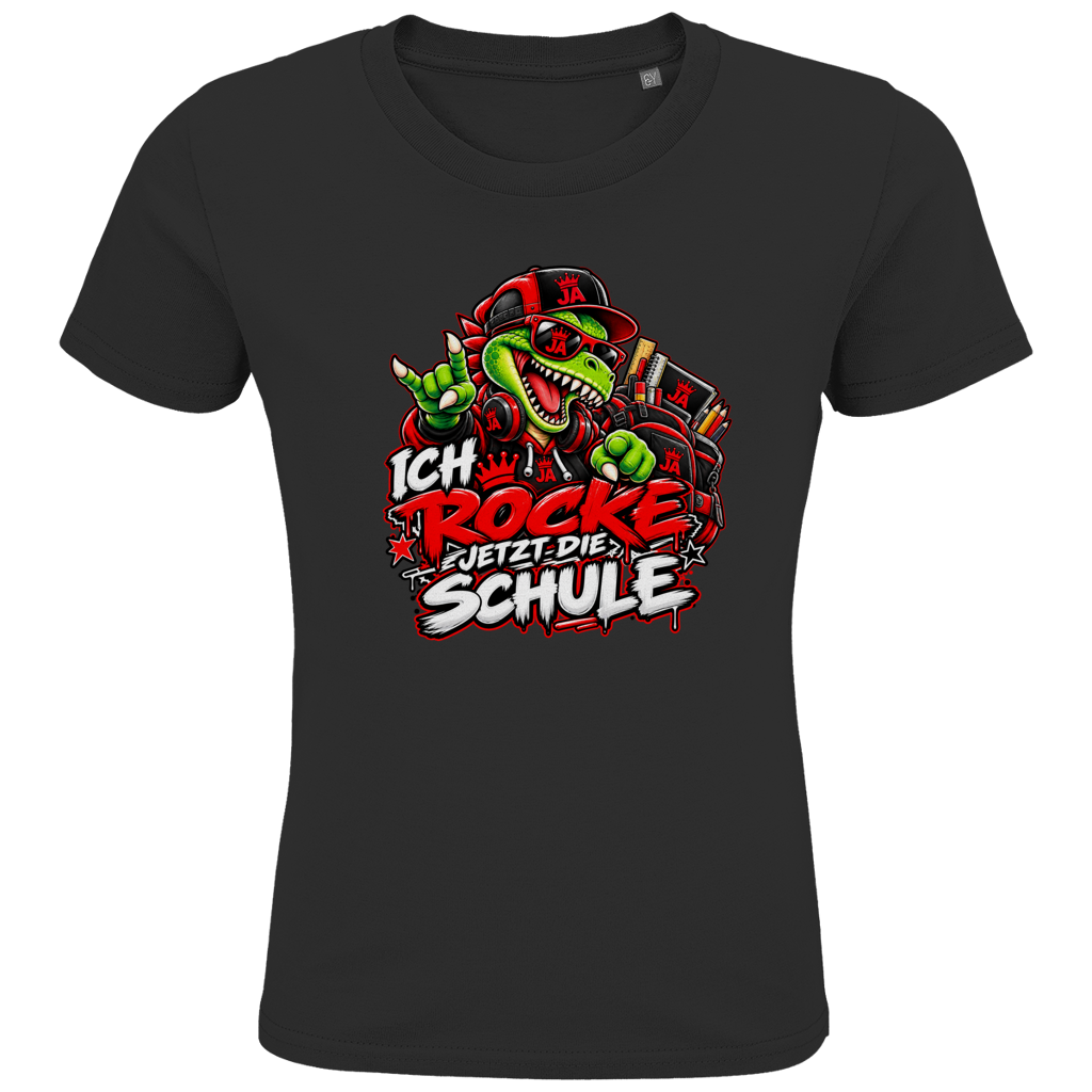 JA Schulstart Dino – Kinder-T-Shirt in Schwarz, Vorderansicht, Frontdruck: Dino mit Cap und Schulsachen: „Ich rocke jetzt die Schule“ zur Einschulung