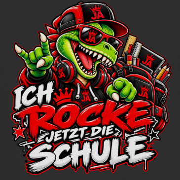 JA Schulstart Dino – Kinder-T-Shirt in Schwarz, Nahaufnahme vom Motiv