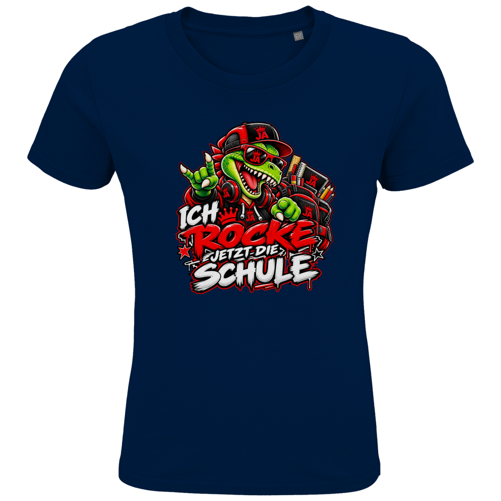 JA Schulstart Dino – Kinder-T-Shirt in Marineblau, Vorderansicht, Frontdruck: Dino mit Cap und Schulsachen: „Ich rocke jetzt die Schule“ zur Einschulung