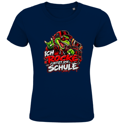JA Schulstart Dino – Kinder-T-Shirt in Marineblau, Vorderansicht, Frontdruck: Dino mit Cap und Schulsachen: „Ich rocke jetzt die Schule“ zur Einschulung