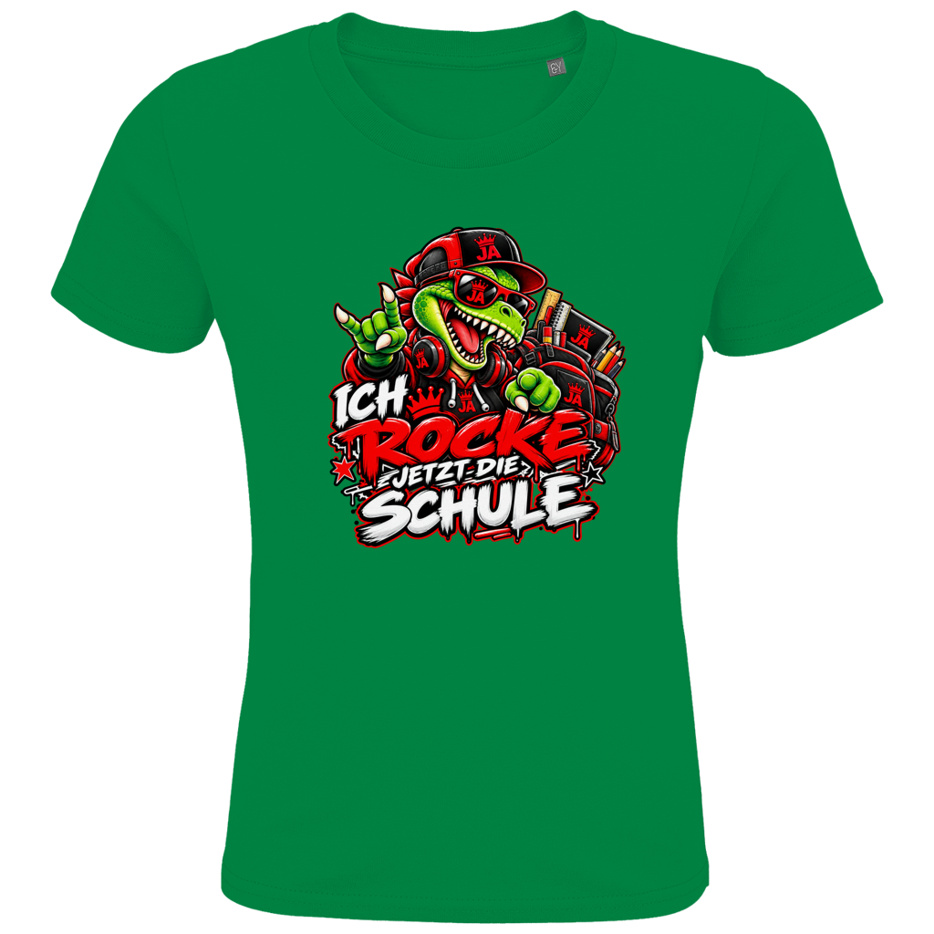 JA Schulstart Dino – Kinder-T-Shirt in Kellygrün, Vorderansicht, Frontdruck: Dino mit Cap und Schulsachen: „Ich rocke jetzt die Schule“ zur Einschulung