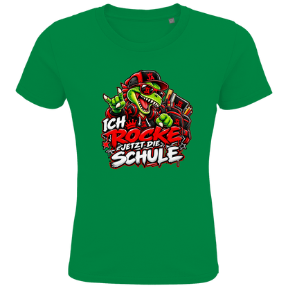 JA Schulstart Dino – Kinder-T-Shirt in Kellygrün, Vorderansicht, Frontdruck: Dino mit Cap und Schulsachen: „Ich rocke jetzt die Schule“ zur Einschulung