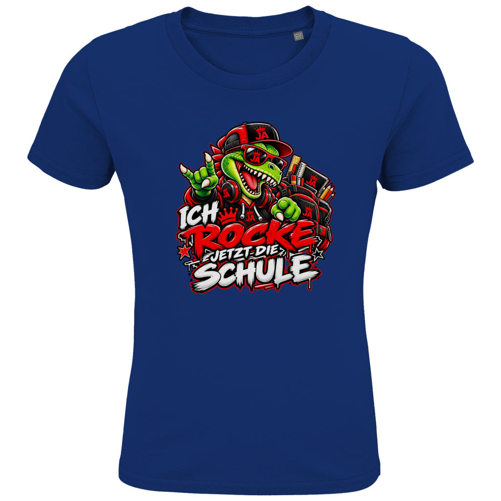 JA Schulstart Dino – Kinder-T-Shirt in Royalblau, Vorderansicht, Frontdruck: Dino mit Cap und Schulsachen: „Ich rocke jetzt die Schule“ zur Einschulung