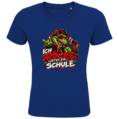 JA Schulstart Dino – Kinder-T-Shirt in Royalblau, Vorderansicht, Frontdruck: Dino mit Cap und Schulsachen: „Ich rocke jetzt die Schule“ zur Einschulung