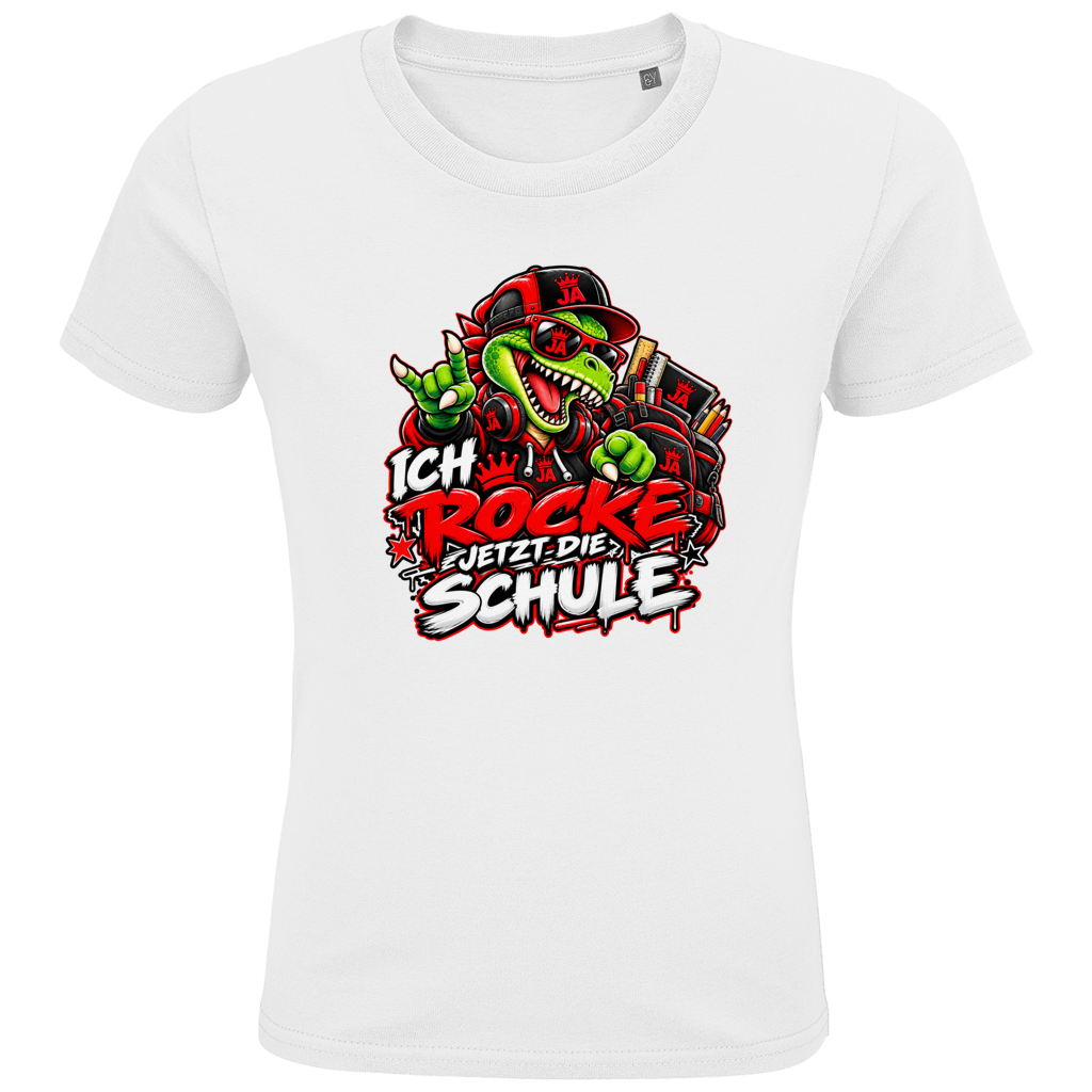 JA Schulstart Dino – Kinder-T-Shirt in Weiß, Vorderansicht, Frontdruck: Dino mit Cap und Schulsachen: „Ich rocke jetzt die Schule“ zur Einschulung