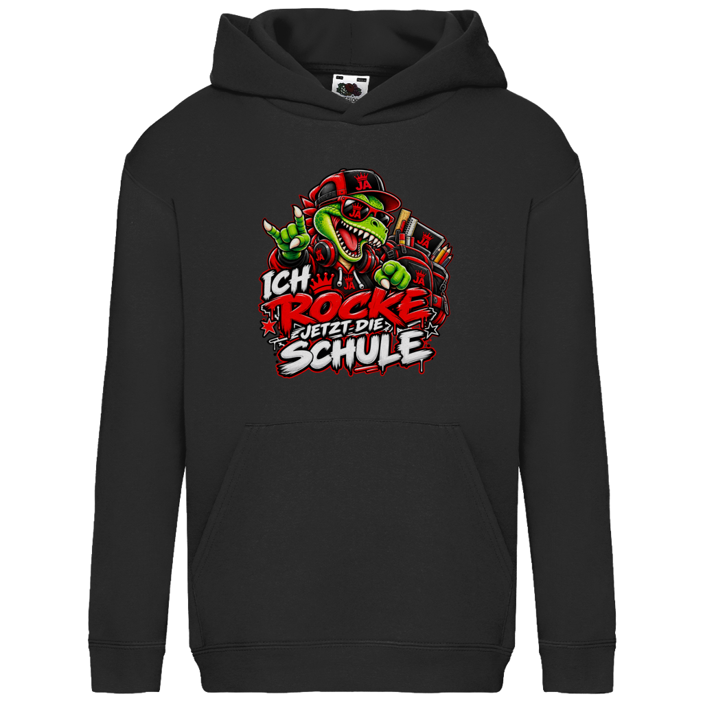 JA Schulstart Dino – Kinder-Hoodie in Schwarz, Vorderansicht, Frontdruck: Dino mit Cap und Schulsachen: „Ich rocke jetzt die Schule“ zur Einschulung