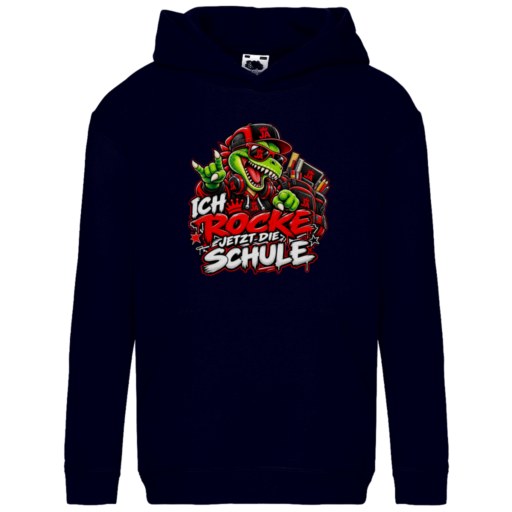 JA Schulstart Dino – Kinder-Hoodie in Dunkles Marineblau, Vorderansicht, Frontdruck: Dino mit Cap und Schulsachen: „Ich rocke jetzt die Schule“ zur Einschulung