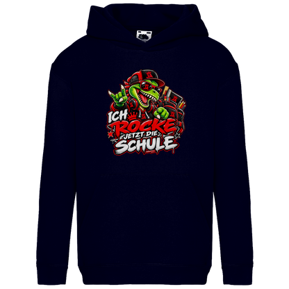 JA Schulstart Dino – Kinder-Hoodie in Dunkles Marineblau, Vorderansicht, Frontdruck: Dino mit Cap und Schulsachen: „Ich rocke jetzt die Schule“ zur Einschulung