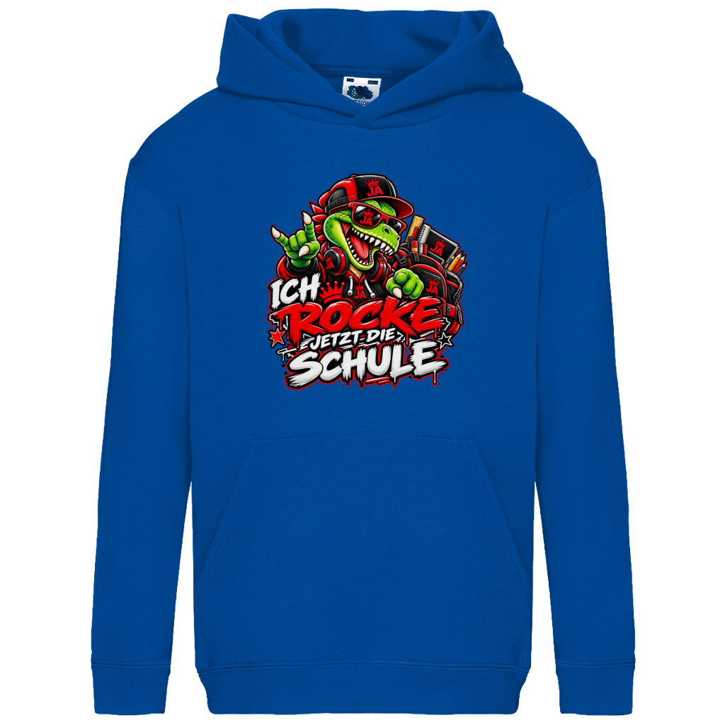 JA Schulstart Dino – Kinder-Hoodie in Royalblau, Vorderansicht, Frontdruck: Dino mit Cap und Schulsachen: „Ich rocke jetzt die Schule“ zur Einschulung