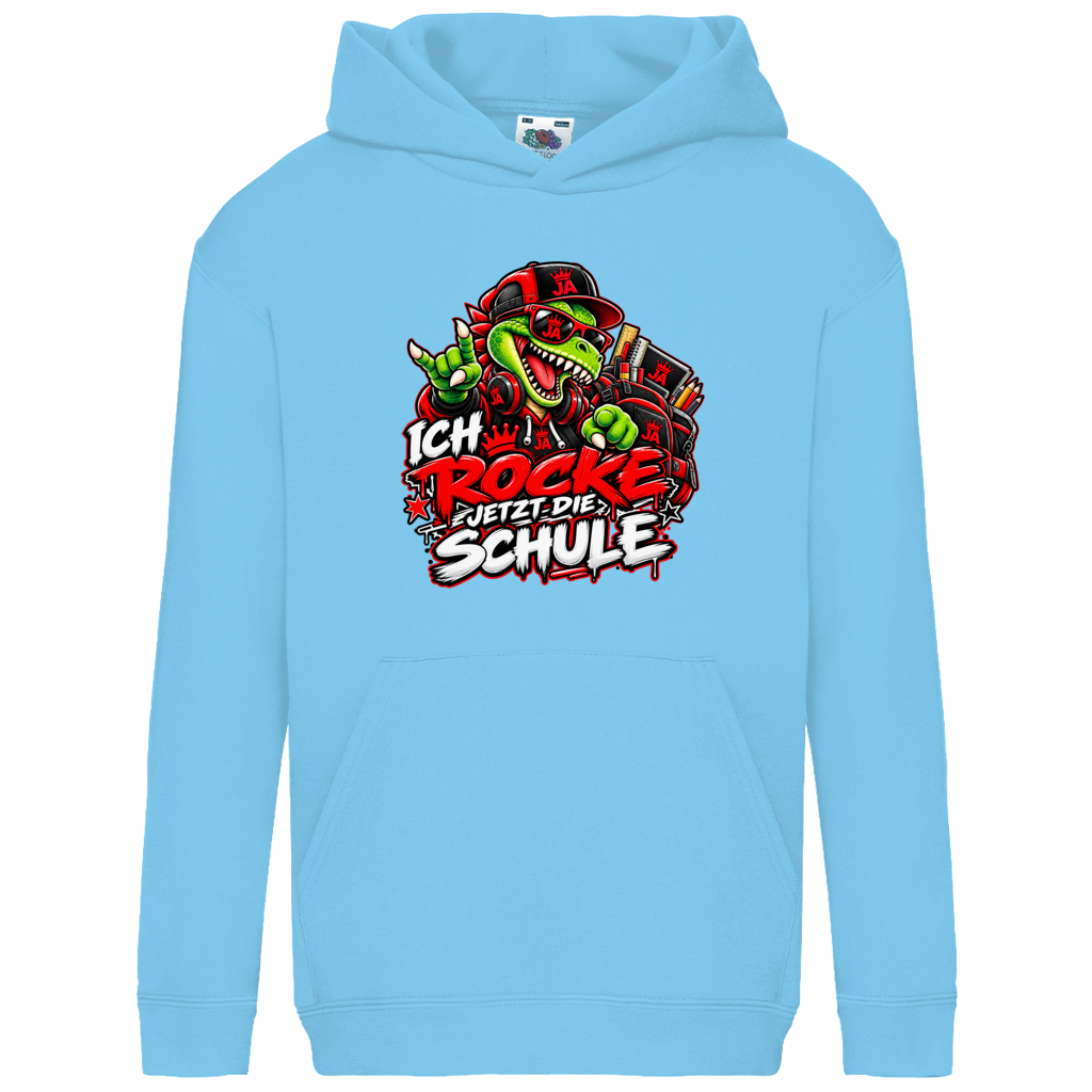 JA Schulstart Dino – Kinder-Hoodie in Himmelblau, Vorderansicht, Frontdruck: Dino mit Cap und Schulsachen: „Ich rocke jetzt die Schule“ zur Einschulung