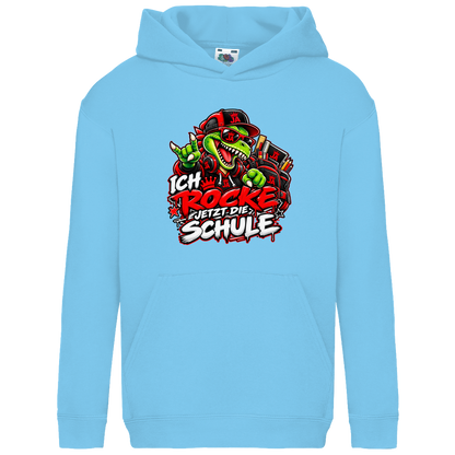 JA Schulstart Dino – Kinder-Hoodie in Himmelblau, Vorderansicht, Frontdruck: Dino mit Cap und Schulsachen: „Ich rocke jetzt die Schule“ zur Einschulung