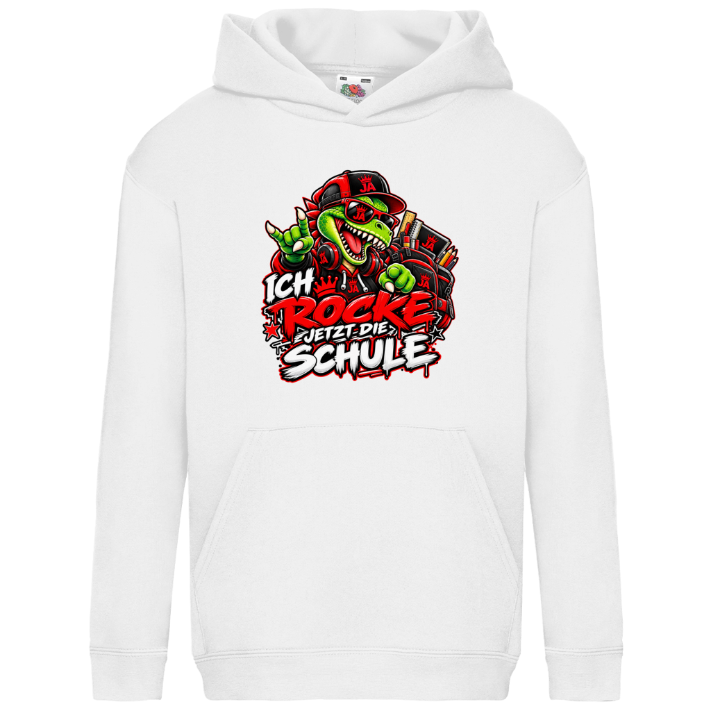 JA Schulstart Dino – Kinder-Hoodie in Weiß, Vorderansicht, Frontdruck: Dino mit Cap und Schulsachen: „Ich rocke jetzt die Schule“ zur Einschulung