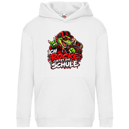 JA Schulstart Dino – Kinder-Hoodie in Weiß, Vorderansicht, Frontdruck: Dino mit Cap und Schulsachen: „Ich rocke jetzt die Schule“ zur Einschulung