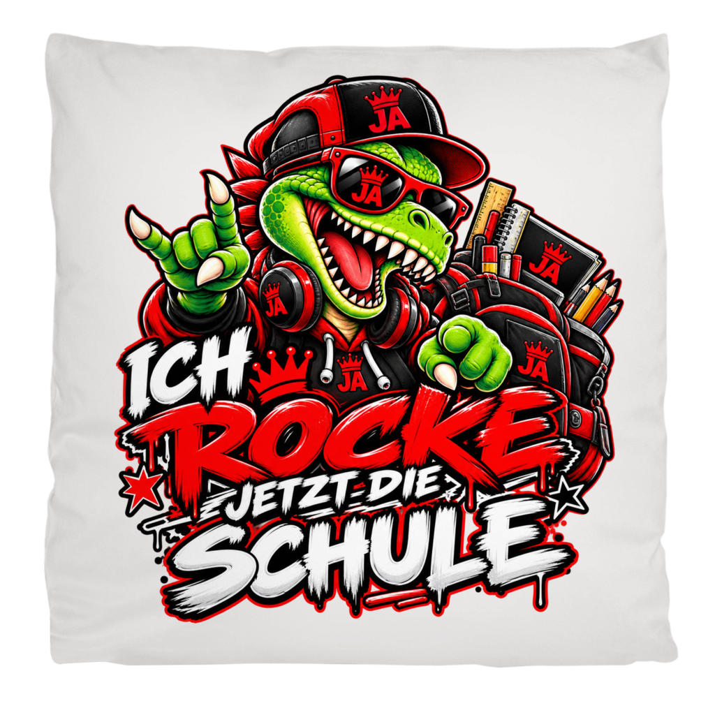 JA Schulstart Dino – Flauschkissen in Cremeweiß, Aufdruck: Dino mit Cap und Schulsachen: „Ich rocke jetzt die Schule“ zur Einschulung