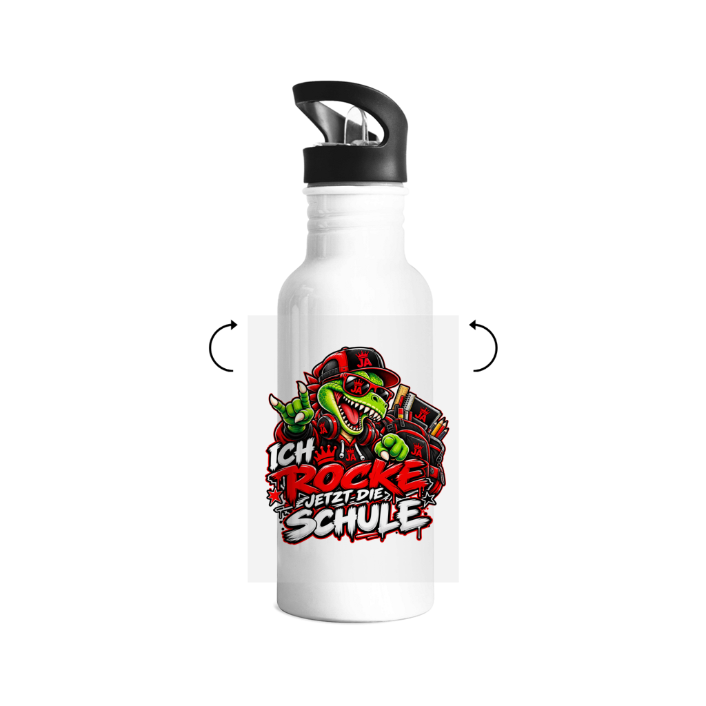 JA Schulstart Dino – Trinkflasche in Weiß, Rückansicht, ebenfalls bedruckt