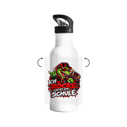 JA Schulstart Dino – Trinkflasche in Weiß, Rückansicht, ebenfalls bedruckt