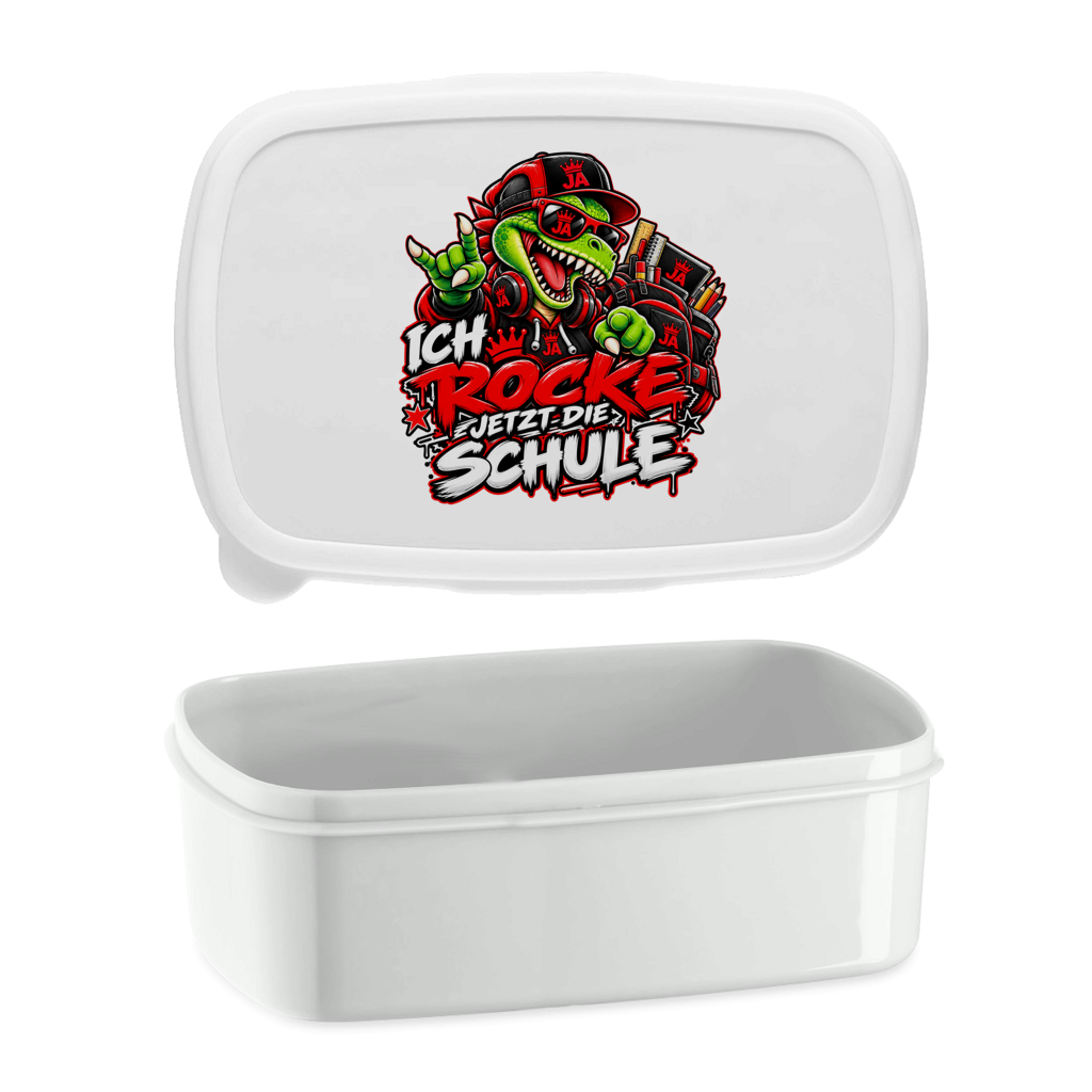 JA Schulstart Dino – Lunchbox in Weiß, Aufdruck: Dino mit Cap und Schulsachen: „Ich rocke jetzt die Schule“ zur Einschulung