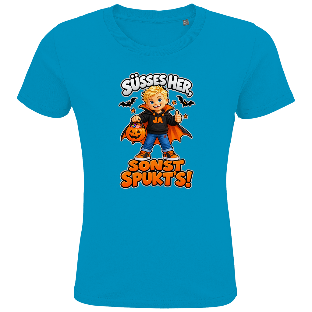 JA Jason Naschvampir – Kinder-T-Shirt in Aqua, Vorderansicht, Frontdruck: Jason als Naschvampir: „Süßes her, sonst spukt’s!“ – Kinder-Halloween