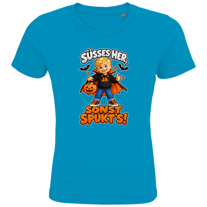 JA Jason Naschvampir – Kinder-T-Shirt in Aqua, Vorderansicht, Frontdruck: Jason als Naschvampir: „Süßes her, sonst spukt’s!“ – Kinder-Halloween
