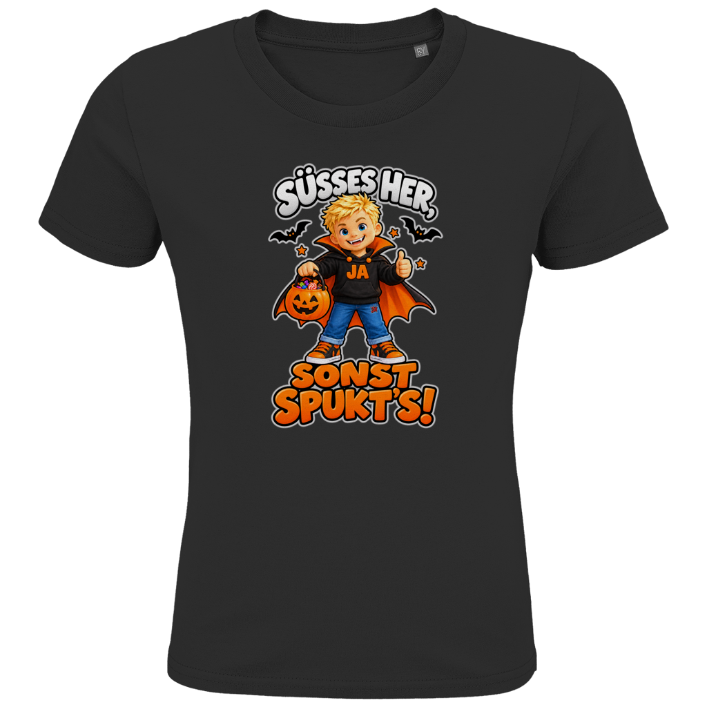 JA Jason Naschvampir – Kinder-T-Shirt in Schwarz, Vorderansicht, Frontdruck: Jason als Naschvampir: „Süßes her, sonst spukt’s!“ – Kinder-Halloween