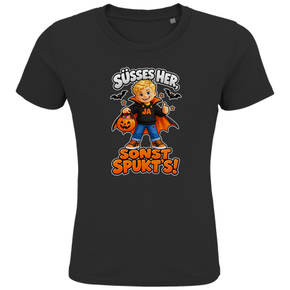 JA Jason Naschvampir – Kinder-T-Shirt in Schwarz, Vorderansicht, Frontdruck: Jason als Naschvampir: „Süßes her, sonst spukt’s!“ – Kinder-Halloween