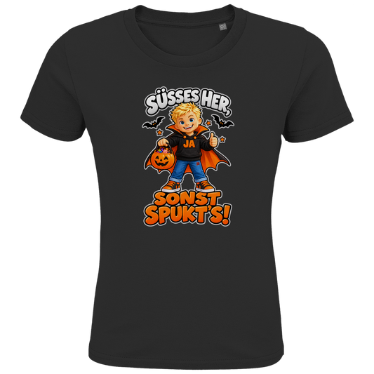 JA Jason Naschvampir – Kinder-T-Shirt in Schwarz, Vorderansicht, Frontdruck: Jason als Naschvampir: „Süßes her, sonst spukt’s!“ – Kinder-Halloween