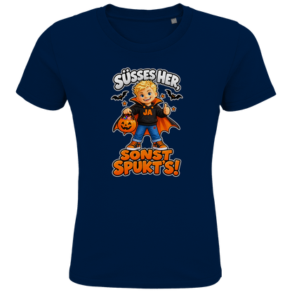 JA Jason Naschvampir – Kinder-T-Shirt in Marineblau, Vorderansicht, Frontdruck: Jason als Naschvampir: „Süßes her, sonst spukt’s!“ – Kinder-Halloween