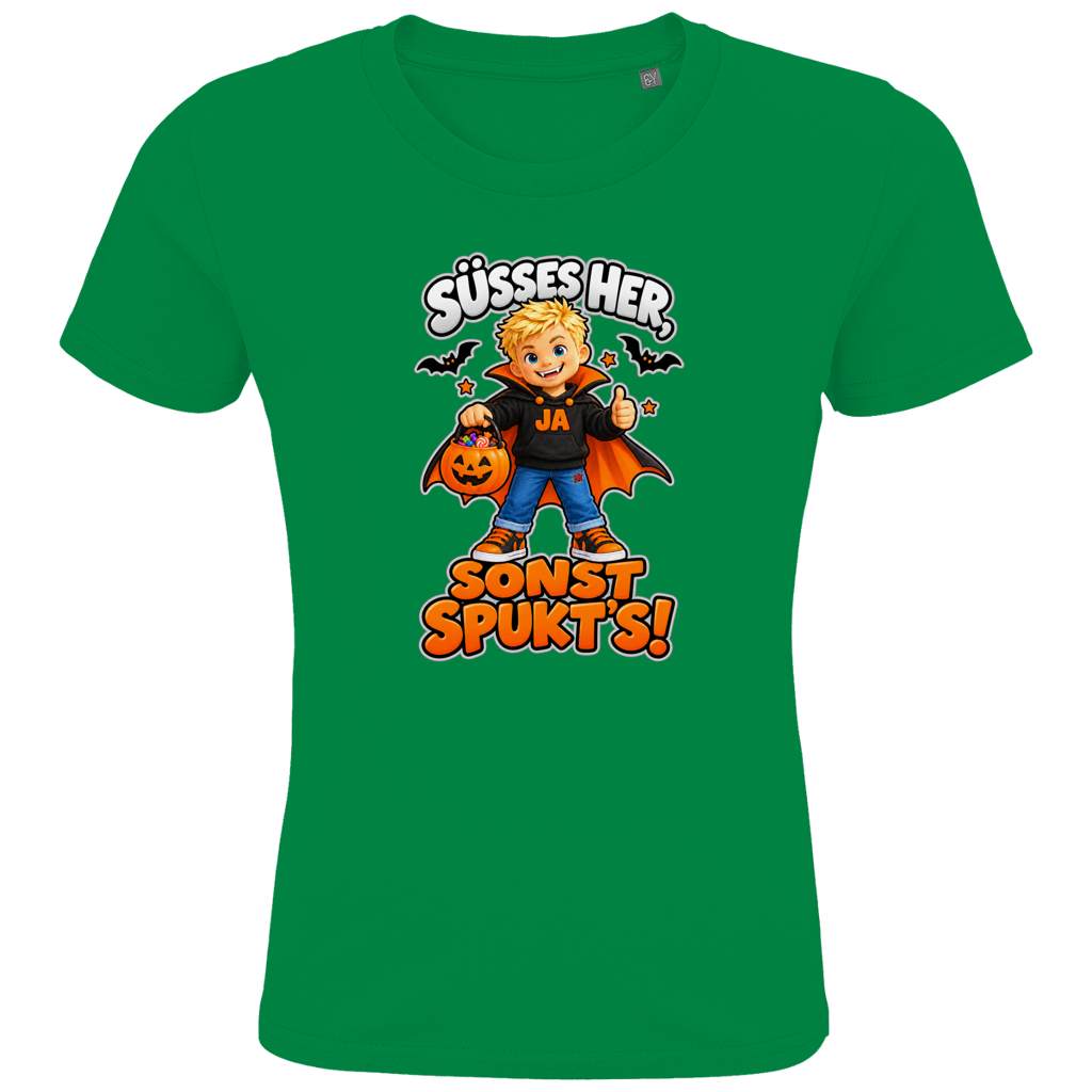 JA Jason Naschvampir – Kinder-T-Shirt in Kellygrün, Vorderansicht, Frontdruck: Jason als Naschvampir: „Süßes her, sonst spukt’s!“ – Kinder-Halloween