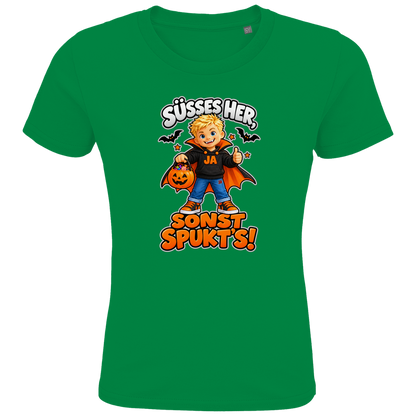 JA Jason Naschvampir – Kinder-T-Shirt in Kellygrün, Vorderansicht, Frontdruck: Jason als Naschvampir: „Süßes her, sonst spukt’s!“ – Kinder-Halloween