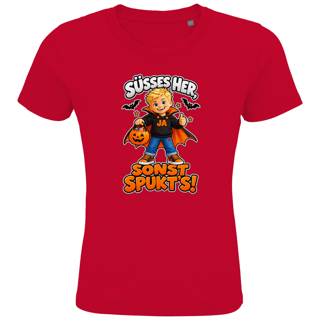 JA Jason Naschvampir – Kinder-T-Shirt in Rot, Vorderansicht, Frontdruck: Jason als Naschvampir: „Süßes her, sonst spukt’s!“ – Kinder-Halloween