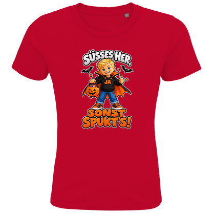 JA Jason Naschvampir – Kinder-T-Shirt in Rot, Vorderansicht, Frontdruck: Jason als Naschvampir: „Süßes her, sonst spukt’s!“ – Kinder-Halloween