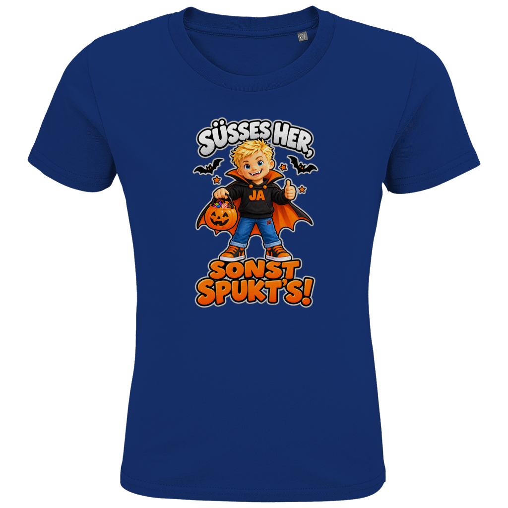JA Jason Naschvampir – Kinder-T-Shirt in Royalblau, Vorderansicht, Frontdruck: Jason als Naschvampir: „Süßes her, sonst spukt’s!“ – Kinder-Halloween
