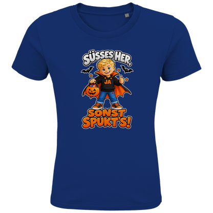JA Jason Naschvampir – Kinder-T-Shirt in Royalblau, Vorderansicht, Frontdruck: Jason als Naschvampir: „Süßes her, sonst spukt’s!“ – Kinder-Halloween