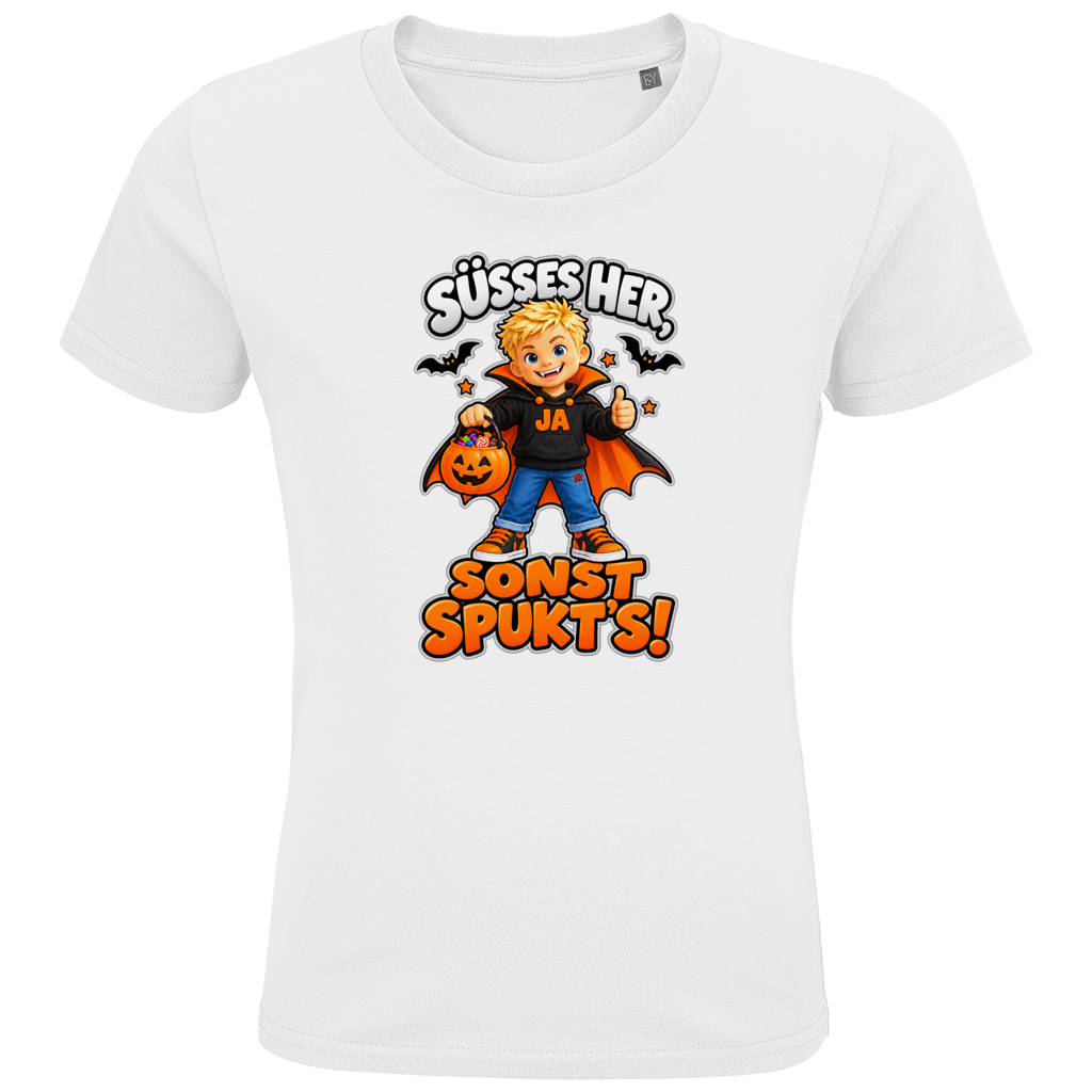 JA Jason Naschvampir – Kinder-T-Shirt in Weiß, Vorderansicht, Frontdruck: Jason als Naschvampir: „Süßes her, sonst spukt’s!“ – Kinder-Halloween