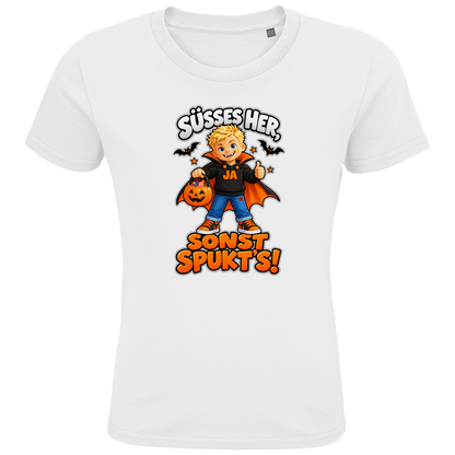 JA Jason Naschvampir – Kinder-T-Shirt in Weiß, Vorderansicht, Frontdruck: Jason als Naschvampir: „Süßes her, sonst spukt’s!“ – Kinder-Halloween